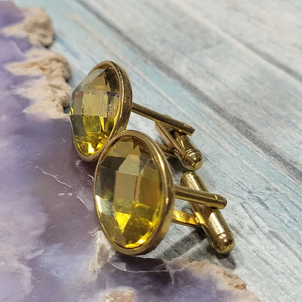 Yellow Plastic rhinestone Cuff Links.